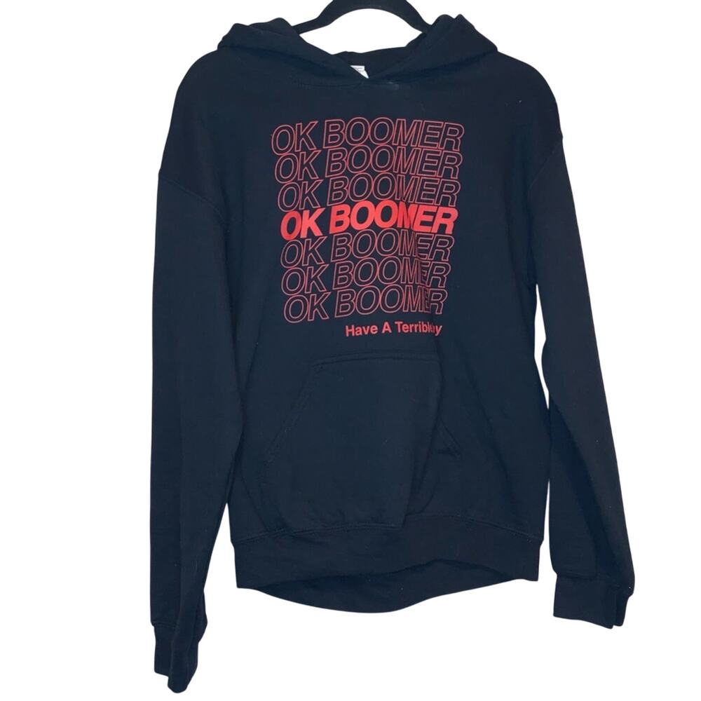 OK Boomer Graphic Hoodie Small‎ Black Pullover Sweatshirt Streetwear Meme Hoodie